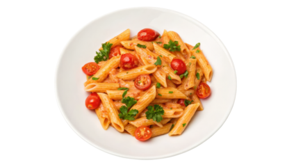 Penne pasta with creamy tomato sauce, cherry tomatoes, and fresh parsley isolated on white background