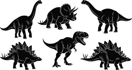 Dinosaur silhouettes, prehistoric animals, brachiosaurus, triceratops, tyrannosaurus rex, stegosaurus, extinct species, Jurassic creatures, fossil shapes, educational illustration, kids learning © Santo's World