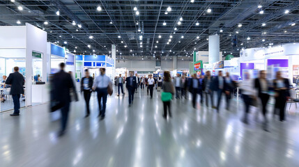 Crowd of people walking through a large modern exhibition hall with motion blur.

