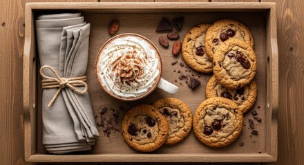 Cozy Morning Coffee and Cookies on a Wooden Tray.