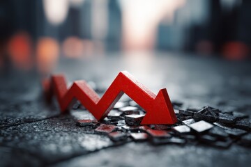 Red arrow signifies declining globalization in a dynamic urban environment during twilight hours