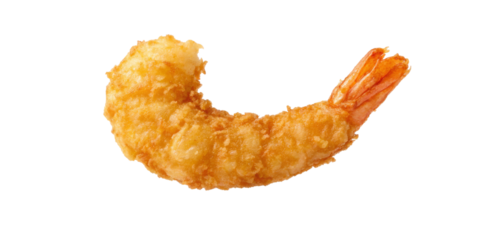 Crispy golden tempura shrimp with a delicate batter and visible tail isolated on a white background