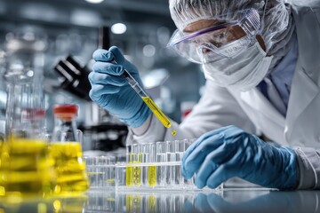 Scientist analyzes biochemical samples in advanced laboratory setting focused on research and development of new medical treatments