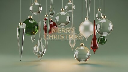 Elegant collection of clear, red, and green Christmas ornaments hanging with a 'Merry Christmas' message.