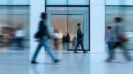 Silhouettes of business people walking through a modern office corridor with colorful glass walls.
