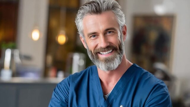 Radiant Confidence: A mature professional, his silver hair and beard frame a warm, confident smile, conveying expertise and approachability.