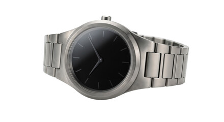 Stylish silver watch with a black face on a white background showcasing a modern design and sleek details