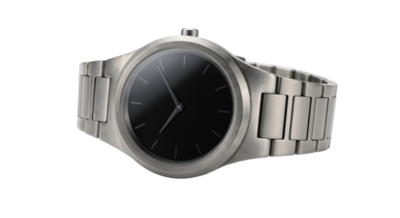 Stylish silver watch with a black face on a white background showcasing a modern design and sleek details