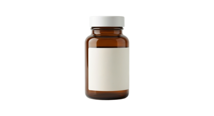 Empty brown glass bottle with white cap and blank label placed on a plain background in a simple setting