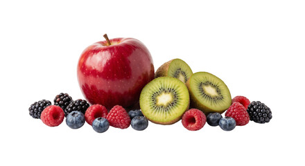 Fruit arrangement with apples, kiwis, and various berries on a plain background during daylight