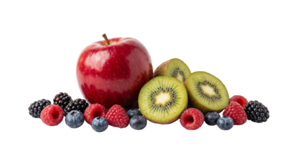 Fruit arrangement with apples, kiwis, and various berries on a plain background during daylight