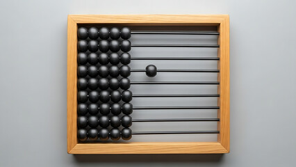 3D render of a minimalist wooden abacus with black beads representing big data analytics, logic, and computing concept on a clean gray background.