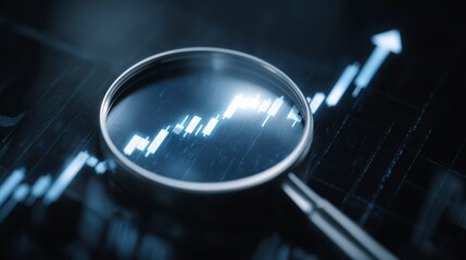 Close-up view of a magnified stock chart trending upwards with an arrow, focusing on financial growth, and market analysis