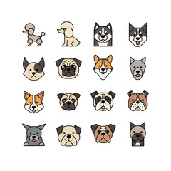 Fototapeta premium Collection of dog breeds displayed as simple line art portraits on white backdrop showcasing canine diversity and charm.