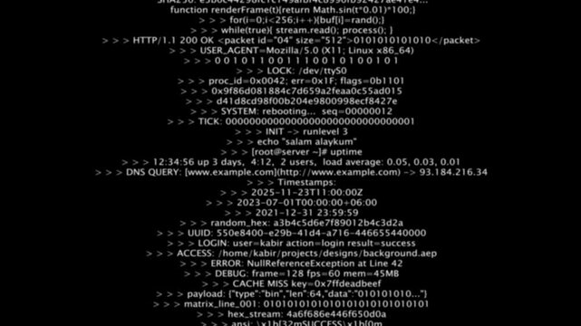 Encrypted programming security hacking code animation. Typing white java script code on black screen. Hacker code running down a computer screen terminal.