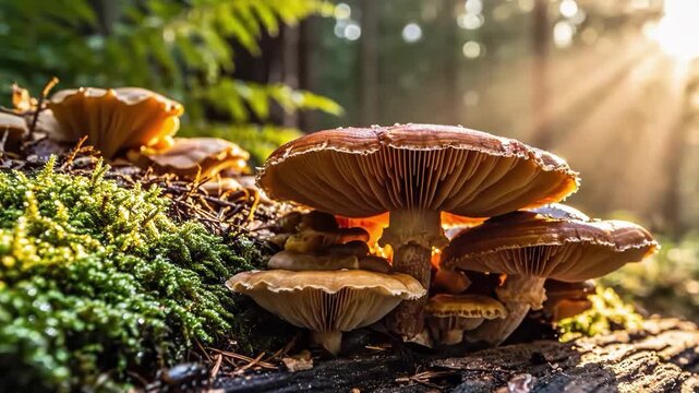 Vibrant mushrooms and moss growing on a fallen log in a sunlit forest