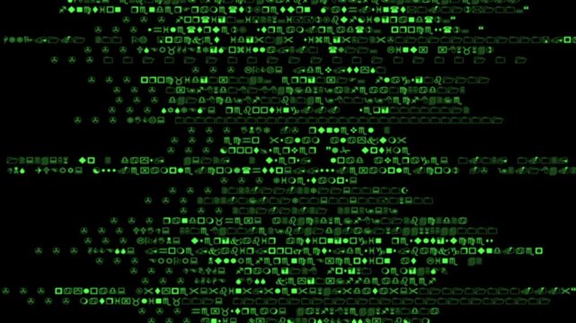Encrypted programming security hacking code animation. Typing green java script code on black screen. Hacker code running down a computer screen terminal.
