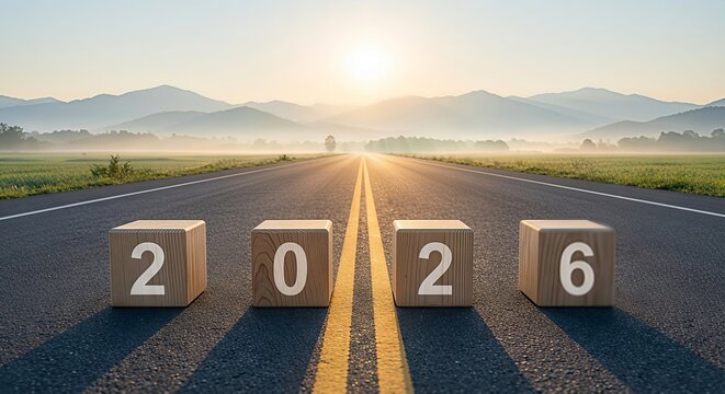 2026 business outlook concept with 2026 number blocks on open road toward sunrise, symbolizing new year planning, corporate vision, strategic journey, career beginning and sustainable growth path.