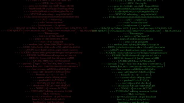 Encrypted programming security hacking code animation. Typing red and green java script code on black screen. Hacker code running down a computer screen terminal.
