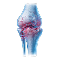 Anatomical depiction of a human knee joint with inflamed tissues and prominent blood vessels