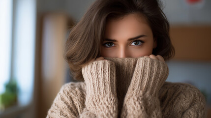 Young woman covering her face with a warm sweater while looking at the camera in soft indoor light.
