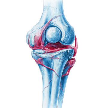 Detailed anatomical illustration of human knee joint with bones and red ligaments