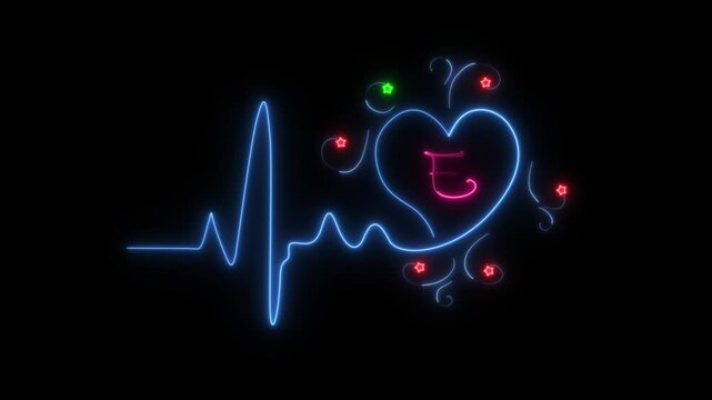Glowing blue neon Heartbeat line icon with alphabet E. heartbeat rate and pulse, Neon Love heart animation on black background.