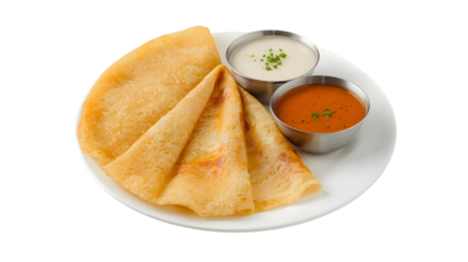 dosa with chutney in a white plate on transparent background