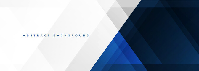 White and blue modern abstract wide banner with geometric shapes. Dark blue and white abstract background. Vector illustration