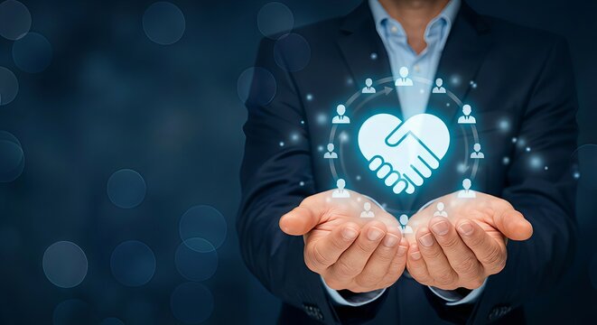 Businessman holding glowing handshake heart icon in cupped hands with human resource network, representing corporate social responsibility, partnership trust, ESG social impact, and smart humanized bu