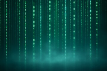 Green binary code falling in digital rain pattern on a glowing dark background with misty light effects and abstract tech atmosphere. Ai generative