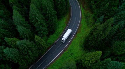 Fototapeta premium Aerial view of a white truck driving along a winding road through a dense green forest. 