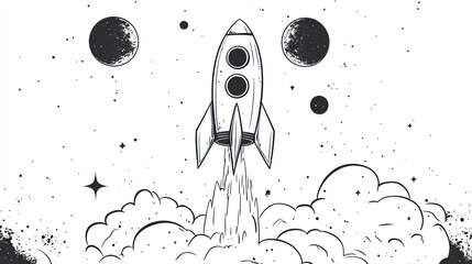 Rocket launching into space with planets and stars illustration