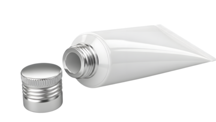 White cosmetic tube with silver cap and lid isolated on a transparent background