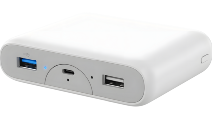 White portable power bank with U S B ports and blue light isolated on a transparent background portable charger