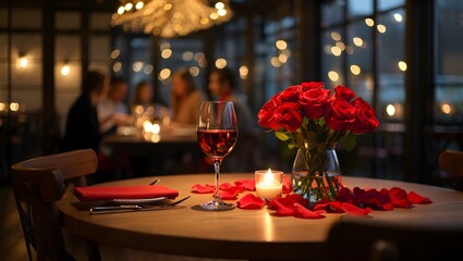 Romantic dinner setting with red roses