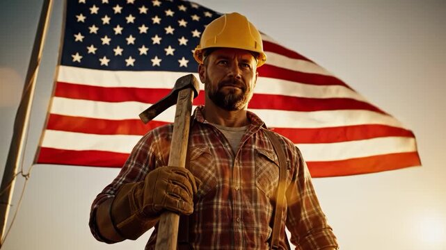 Strong construction worker holding a pickaxe with american flag background