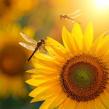 Dragonflies Gracefully Perched on a Vibrant Sunflower, Bathed in Golden Sunlight.