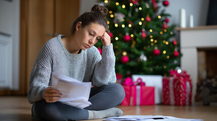 Stressed woman sitting on the floor at home reviewing bills near a Christmas tree symbolizing financial pressure.
