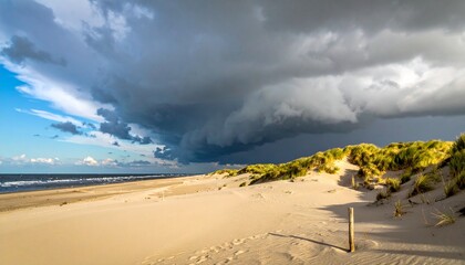 Dramatic Beach Scene - Stormy Skies Loom Over Sandy Dunes and Ocean.