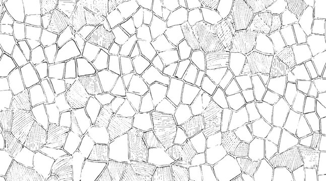 Black and white irregular polygon pattern with hatching texture abstract background
