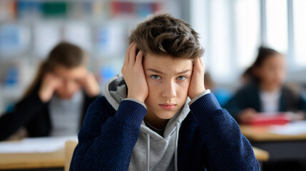 Stressed schoolboy holding his head while sitting at a desk in a classroom during a lesson.
