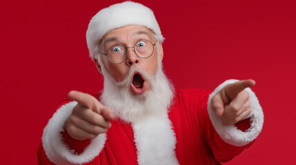 Santa Claus pointing directly at the viewer with a surprised expression on a red background.
