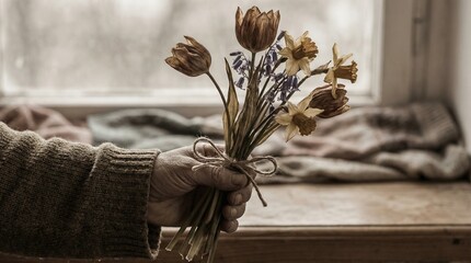 Weathered hand in knitted sleeve holds dried spring bouquet near window