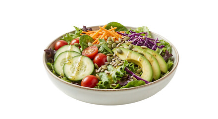 Fresh salad with colorful vegetables and seeds served in a bowl on a white background for healthy eating