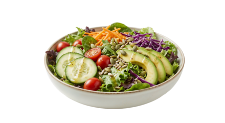 Fresh salad with colorful vegetables and seeds served in a bowl on a white background for healthy eating