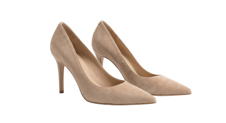 High heeled shoes displayed on a plain background in a neutral color
