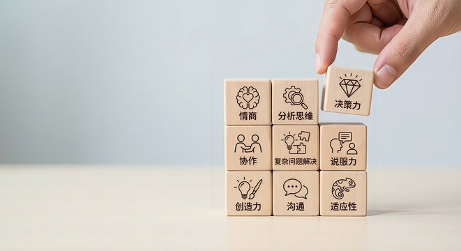 Business person hand stacking wooden cubes with core competency icons including decision making, creativity, communication and teamwork, symbolic of brand building, talent management and corporate cul