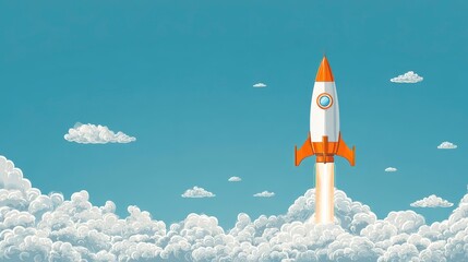 A cartoon rocket ship blasts off, leaving a trail of fire and smoke against a bright blue sky dotted with fluffy white clouds