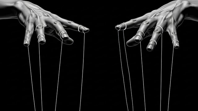 Hands controlling marionette strings in a dramatic black and white representation of manipulation and control